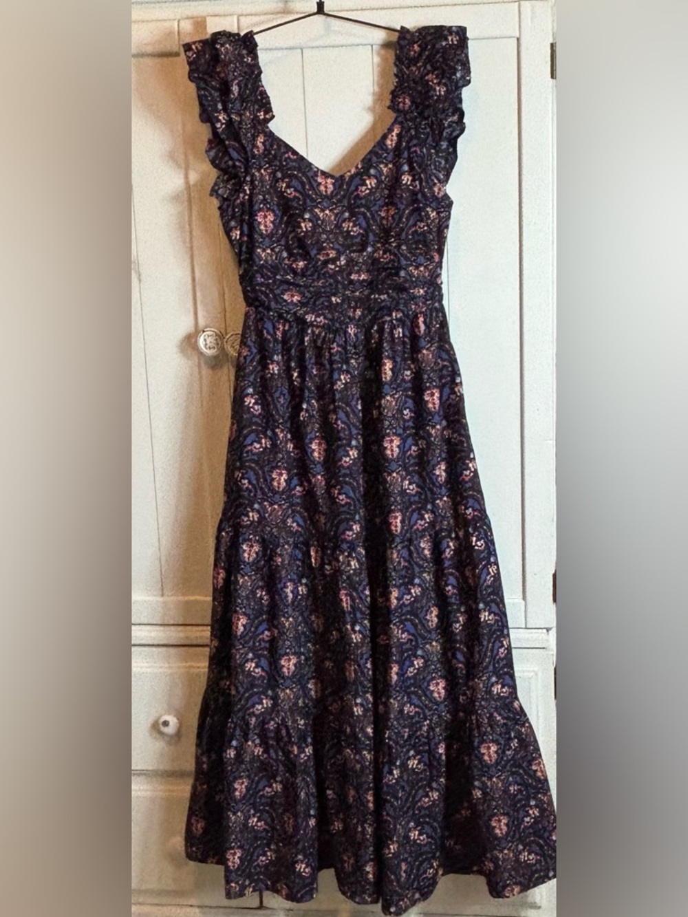 Caroline Constas Navy Pansy Print Maxi Dress Ruffle Strap Cotton S NWT - Picture 4 of 16